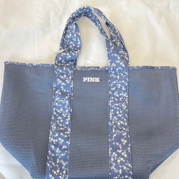 Victoria's Secret Pink Blue Mesh Tote Weekender Bag Floral Trim - Picture 4 of 7